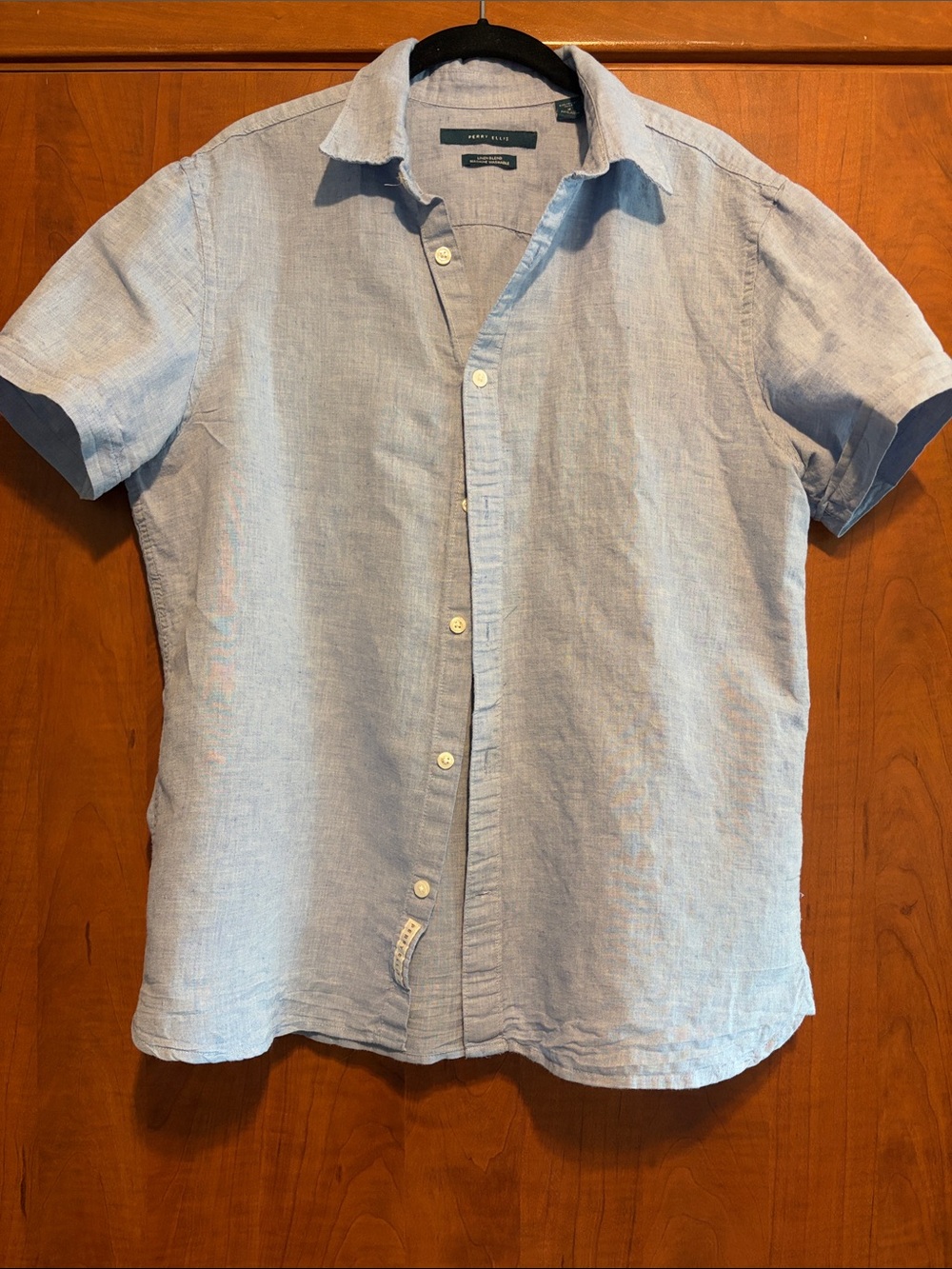 Perry Ellis Light Blue Short Sleeve Linen Button-Down Shirt